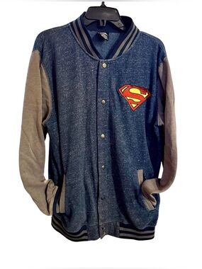 Superman DC Comics Mens Blue Grey Varsity Bomber Jacket Logo Snaps